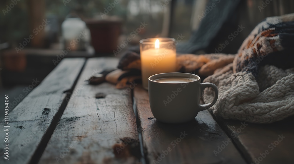 Blank mockup template of a matte coffee cup resting on a rustic wooden table, with a cozy candle and blankets around it. Blank mockup template of a matte coffee cup resting on a rustic wooden table, with a cozy candle and blankets around it.