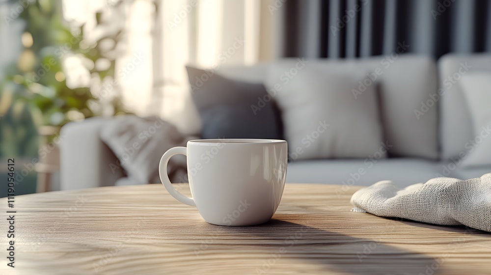 Blank mockup template of a matte-finish coffee cup on a smooth wooden table, with cozy ambiance and soft cushions around. Blank mockup template of a matte-finish coffee cup on a smooth wooden table, with cozy ambiance and soft cushions around.