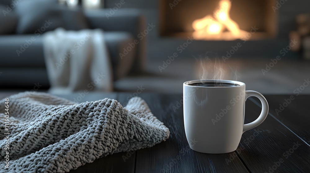 Blank mockup template of a coffee cup on a dark wooden table, accompanied by a cozy fireplace glow and soft throws. Blank mockup template of a coffee cup on a dark wooden table, accompanied by a cozy fireplace glow and soft throws.
