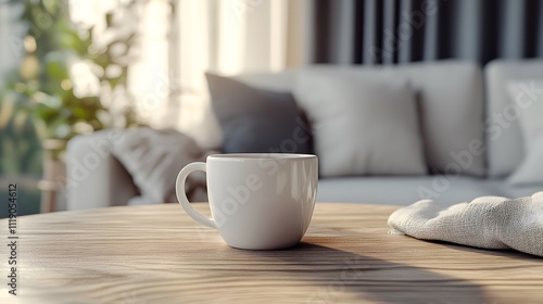 Blank mockup template of a matte-finish coffee cup on a smooth wooden table, with cozy ambiance and soft cushions around.