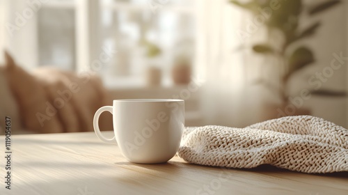 Blank mockup template of a coffee cup resting on a light wooden table, with warm tones and cozy textile decor surrounding it.