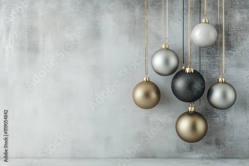 Decoração de natal com bolas suspensas em tons dourados, vermelhos e prateados, sobre fundo neutro, criada com IA generativa. photo