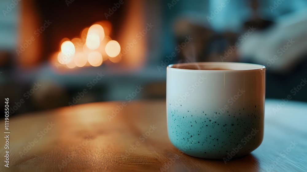 Blank mockup template of a ceramic coffee cup on a polished wooden table, with a cozy fireplace in the background. Blank mockup template of a ceramic coffee cup on a polished wooden table, with a cozy fireplace in the background.