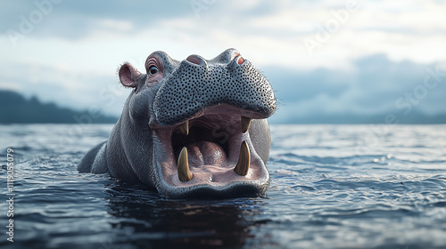 Hippopotamus Yawning in Water
