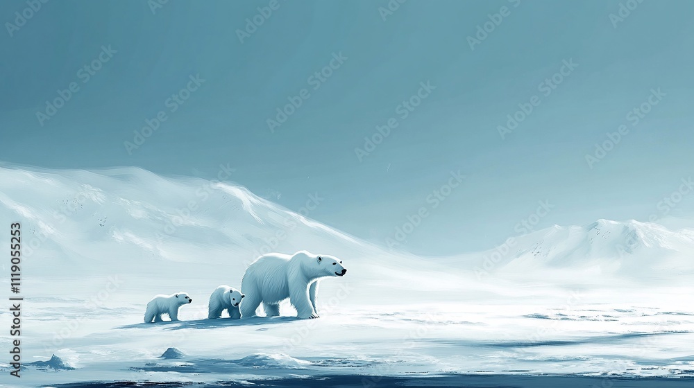Polar bears mother and cubs on snowy arctic landscape. Polar bears mother and cubs on snowy arctic landscape.