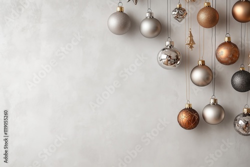 Decoração de natal com bolas suspensas em tons dourados, vermelhos e prateados, sobre fundo neutro, criada com IA generativa.