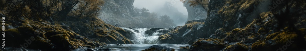 Obraz premium Misty Mountain Waterfall Cascading Through Mossy Rocks