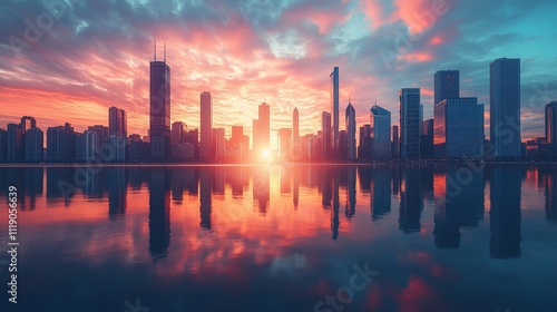 Vibrant sunrise over city skyline reflected in calm water. (1)