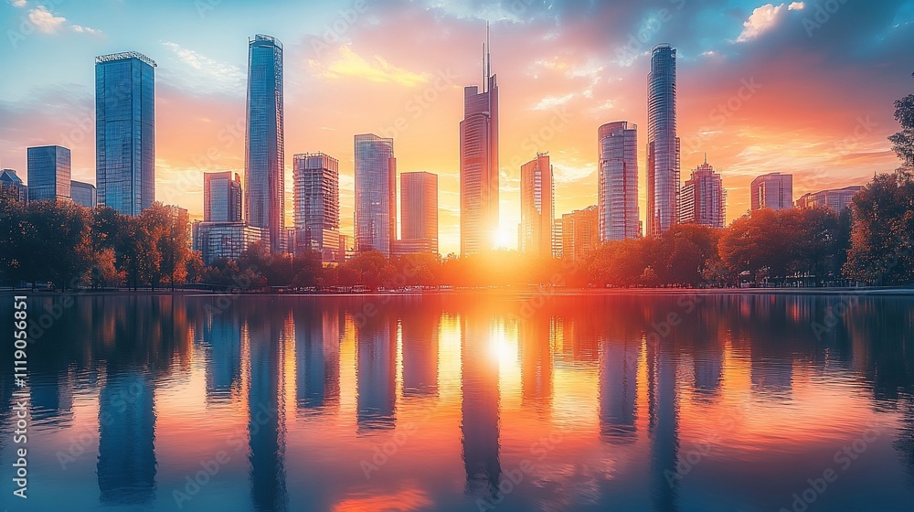 Fototapeta premium Vibrant sunset over cityscape reflected in calm water.