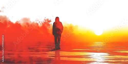 illustration of a person in the sea, in an orange sunset