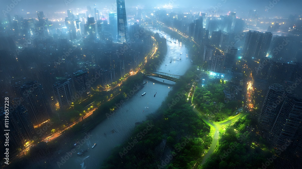 Raining Night Cityscape River Park View