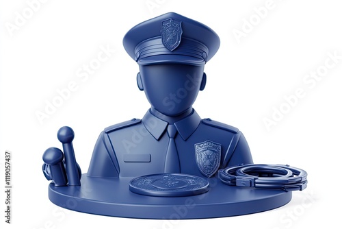 A 3D icon of a police officer portrait with a badge, handcuffs, and a whistle, in a navy blue theme on a white background photo