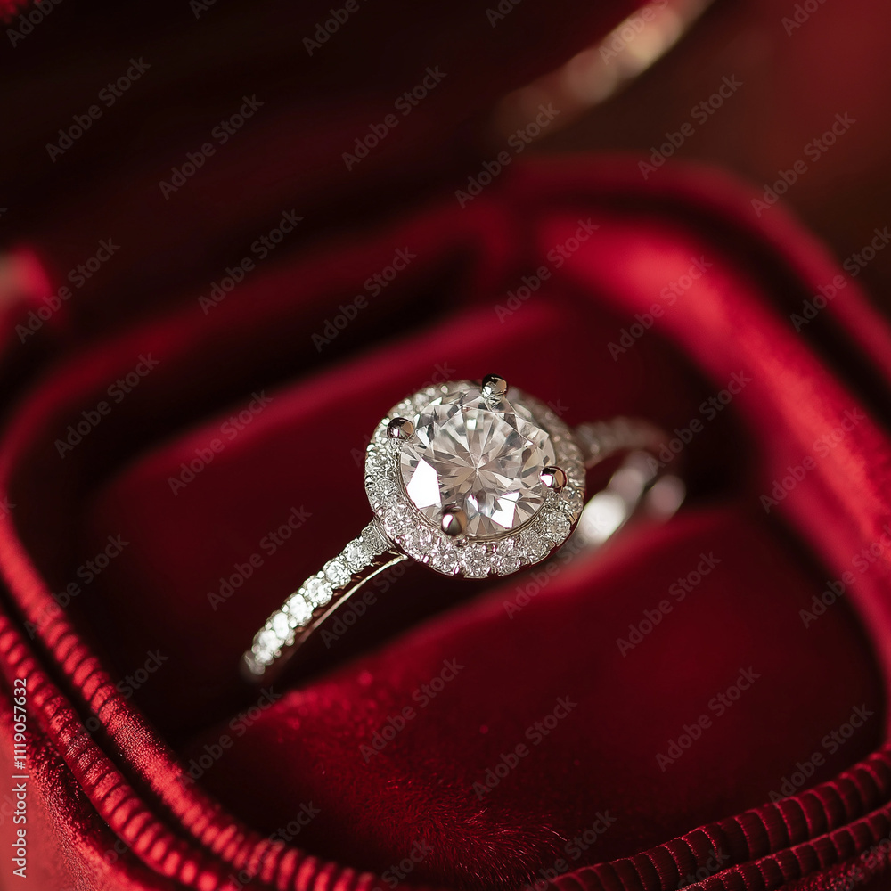 Sparkling diamond ring is being presented in a red velvet box, symbolizing love and commitment Sparkling diamond ring is being presented in a red velvet box, symbolizing love and commitment