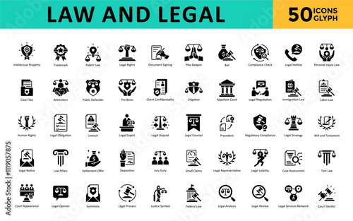 Law and Legal icons set with  intellectual property, trademark, patent law, legal rights, document signing, plea bargain, bail, compliance check, legal hotline  icon. Simple glyph vector 
