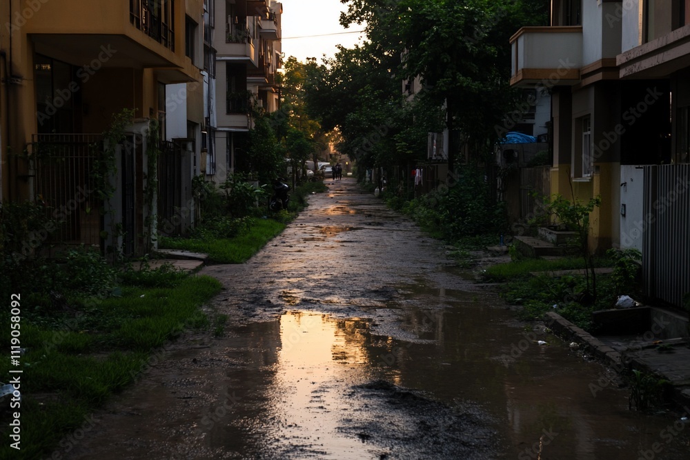 Sunset reflects on a muddy, potholed alleyway between residential buildings. Sunset reflects on a muddy, potholed alleyway between residential buildings.