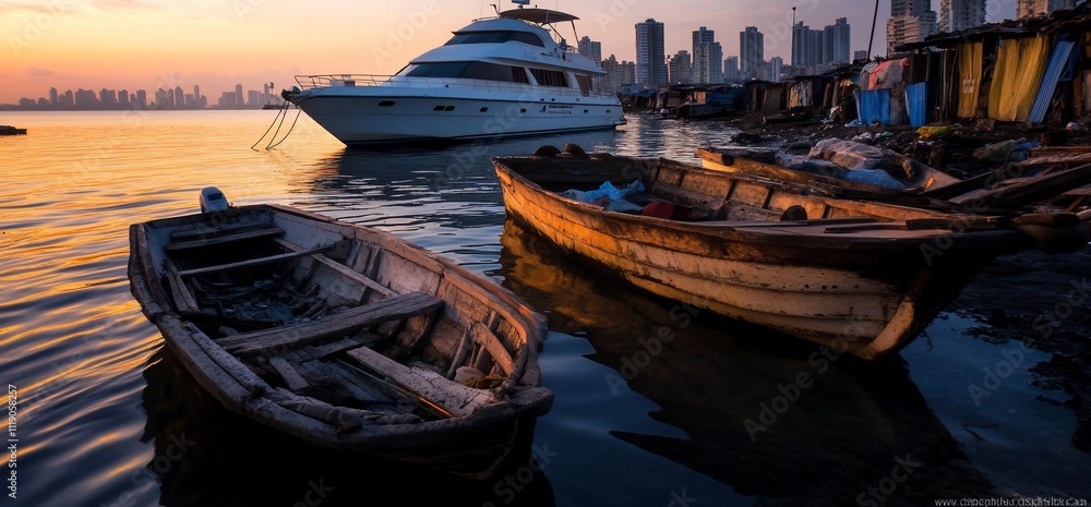 Sunset view of small fishing boats and yacht near city skyline. Sunset view of small fishing boats and yacht near city skyline.