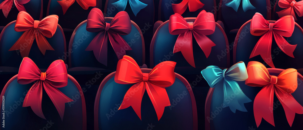 Festive Bows Theater Seating Background: Red, Blue, and Orange Christmas Ribbons Festive Bows Theater Seating Background: Red, Blue, and Orange Christmas Ribbons