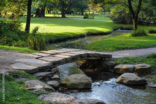 Fototapeta Naklejka Na Ścianę i Meble -  A rustic stone footbridge crossing a small stream in the middle a peaceful park