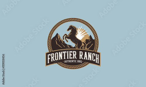 Horse rearing logo for Frontier Ranch Authentic BBQ.