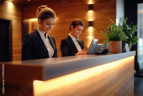Professional hotel receptionists collaborating at front desk with warm lighting and sleek design