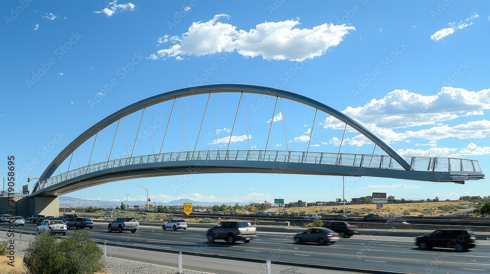 Fototapeta premium A sleek, contemporary metal bridge with an arched design, spanning across a busy highway