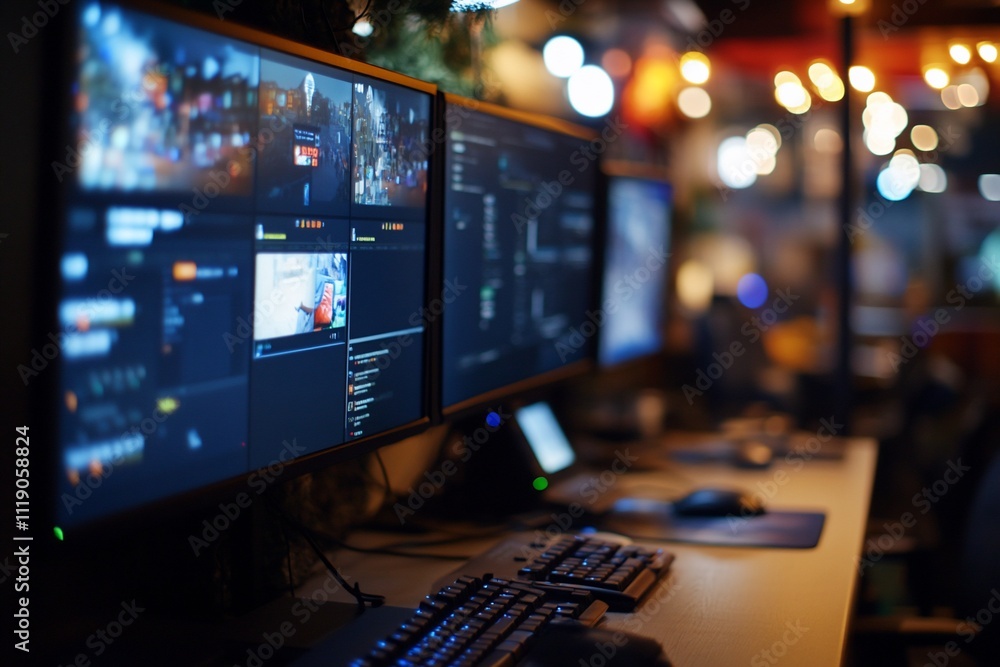 Two large monitors displaying video feeds and data in a dimly lit control room.