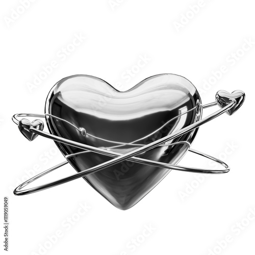 3d render shiny silver heart shape with rings isolated on transparent background.