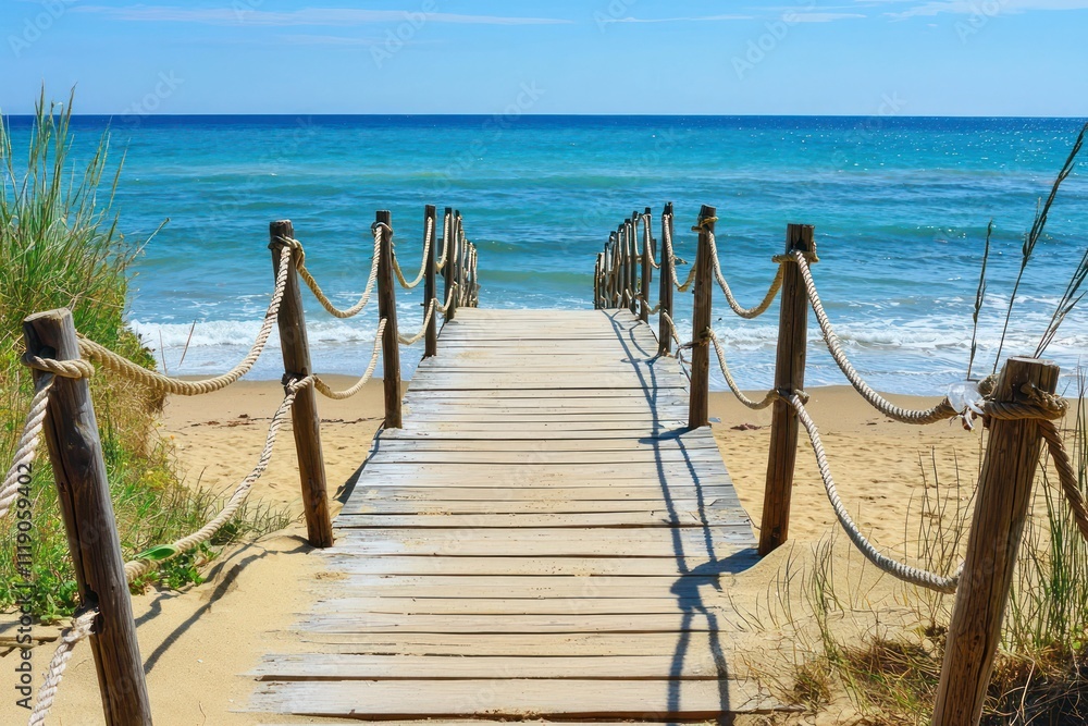 Fototapeta premium A wooden footbridge with rope railings, crossing over a sandy beach and leading to the ocean