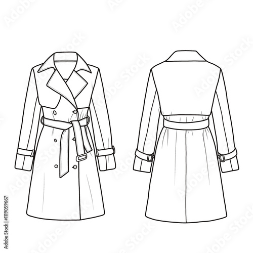 Women's long double-breasted trench coat with belt. Outerwear jackets technical fashion illustration. Flat coat template front and back view.