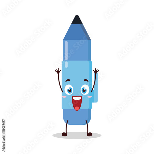 cute rise hand happy expression of blue pen cartoon character