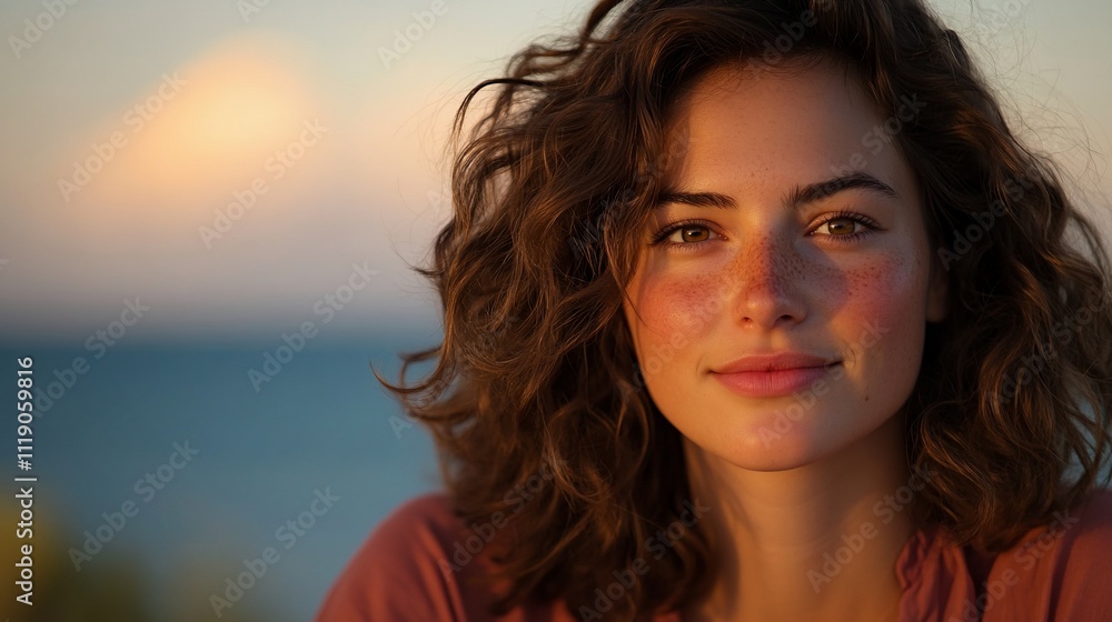 Woman with freckles, curly hair, sunset.