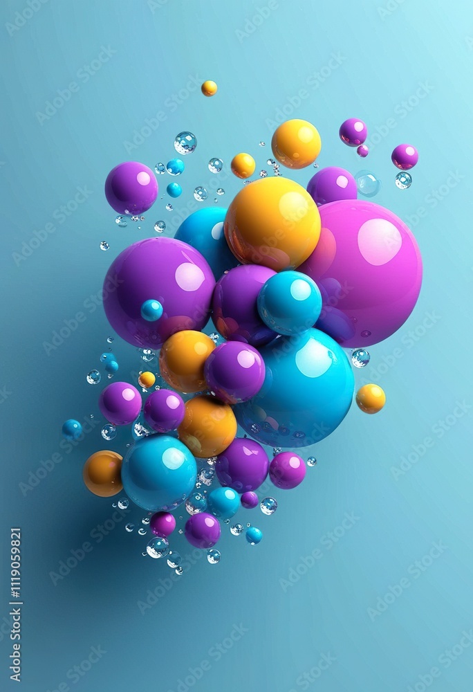 A cluster of vibrant glossy spheres in purple, orange, and blue, with smaller bubbles floating around them against a light blue backdrop. 3D rendering. A cluster of vibrant glossy spheres in purple, orange, and blue, with smaller bubbles floating around them against a light blue backdrop. 3D rendering.