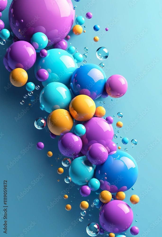 A cluster of vibrant glossy spheres in purple, orange, and blue, with smaller bubbles floating around them against a light blue backdrop. 3D rendering. A cluster of vibrant glossy spheres in purple, orange, and blue, with smaller bubbles floating around them against a light blue backdrop. 3D rendering.