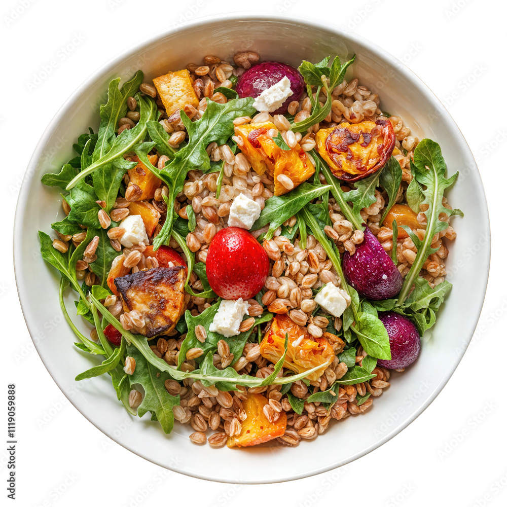 Fresh Salad Bowl With Roasted Vegetables, Farro, and Arugula Served in a Bright White Dish Fresh Salad Bowl With Roasted Vegetables, Farro, and Arugula Served in a Bright White Dish