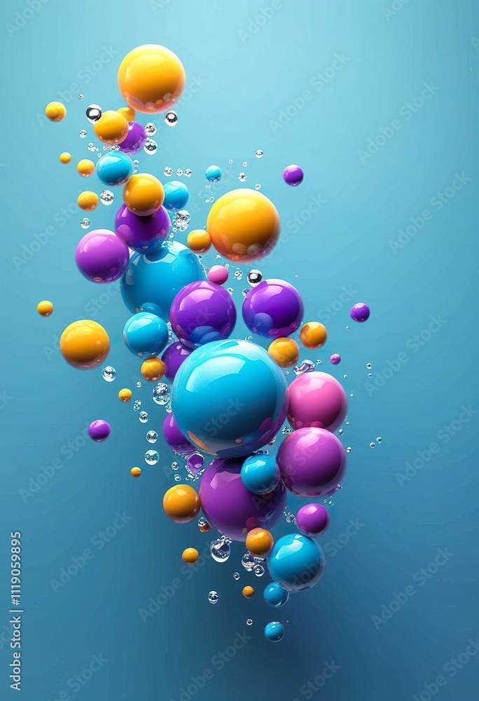 A cluster of vibrant glossy spheres in purple, orange, and blue, with smaller bubbles floating around them against a light blue backdrop. 3D rendering. A cluster of vibrant glossy spheres in purple, orange, and blue, with smaller bubbles floating around them against a light blue backdrop. 3D rendering.