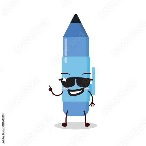 cute cool expression of blue pen cartoon character wear sunglasses 