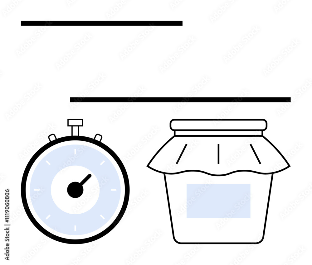Timer and lidded jar with label separated by horizontal lines. Ideal for time management, organization, food storage, efficiency, productivity, home economics, planning. Line metaphor Timer and lidded jar with label separated by horizontal lines. Ideal for time management, organization, food storage, efficiency, productivity, home economics, planning. Line metaphor