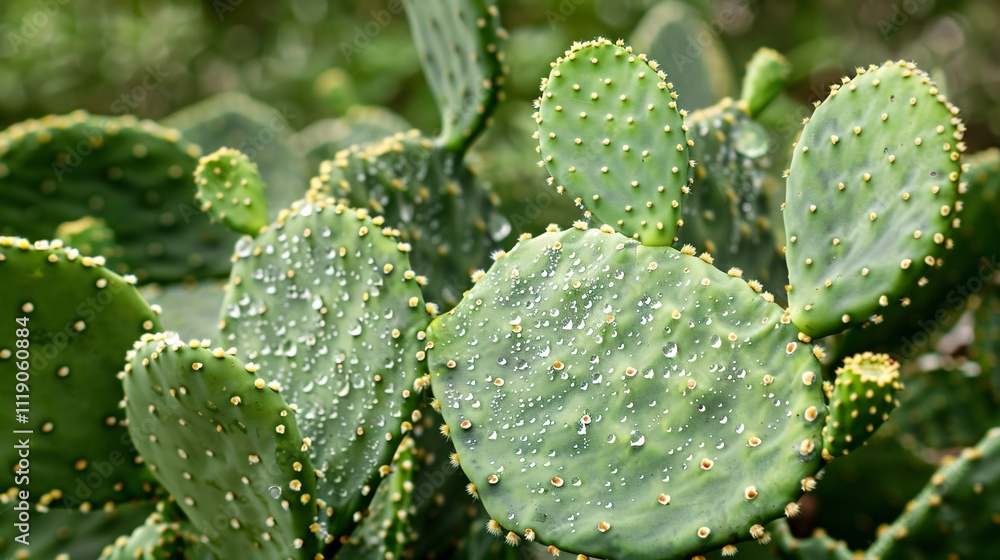 Close up of Vibrant Green Prickly Cactus Succulents Growing in Natural Desert Environment Detailed Texture and Pattern of Spiny Leaves or Pads against Blurred Foliage Background Close up of Vibrant Green Prickly Cactus Succulents Growing in Natural Desert Environment Detailed Texture and Pattern of Spiny Leaves or Pads against Blurred Foliage Background