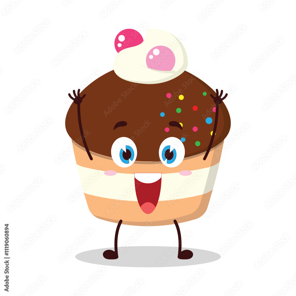 Fototapeta premium cute rise hand happy expression of muffin cartoon character
