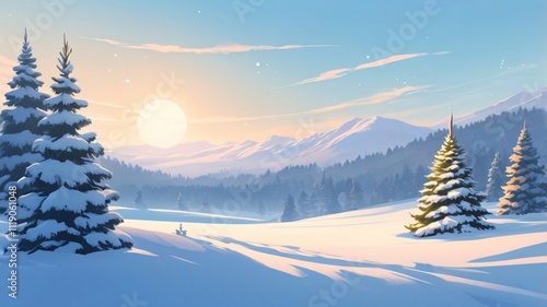 Beautiful winter landscape featuring snow-covered mountains and evergreen trees under a bright sun photo