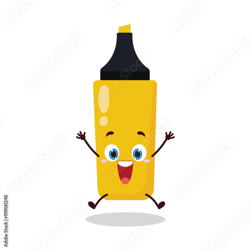cute celebration jump expression of yellow highlighter cartoon character