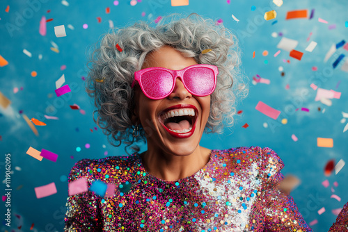 cheerful woman in a sequined jacket enjoys herself at a New Year party, dancing and laughing amidst a shower of sparkles and confetti. The scene features vibrant purple and cold colors, banner/web