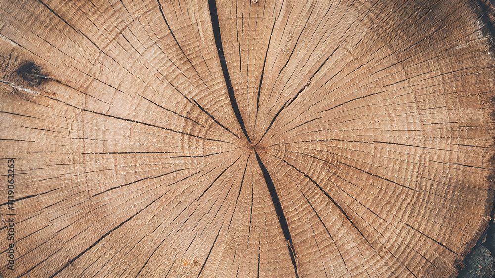 Fototapeta premium Close-up of a Sycamore tree cross-section showing detailed growth rings and natural cracks, ideal for woodworking, rustic designs, or scientific study of tree growth patterns.