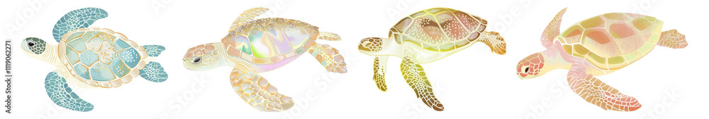 PNG Sea turtle Chinese style watercolor set on transparent background PNG Sea turtle Chinese style watercolor set on transparent background