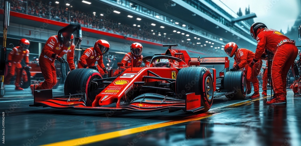 Naklejka premium Dynamic Formula 1 Pit Stop Scene with Teamwork in Action and Speed Emphasis