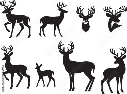 set of deer icon silhouette design vector art illustration