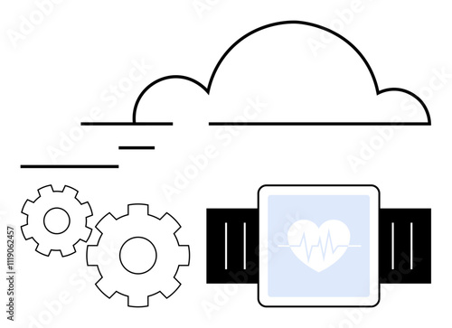 Large cloud, smartwatch with heartbeat icon, and two gears. Ideal for health technology, health data synchronization, cloud computing, smart devices, IoT, fitness tracking and digital