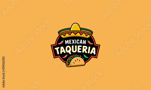 Vibrant Mexican taqueria logo with sombrero and taco.