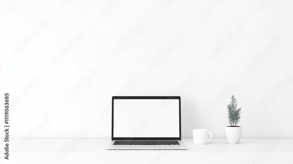  3D render of a laptop with a blank white screen on a table mockup, a minimalist design. I have a space for text in the center. There is a coffee mug and a potted plant near the notebook