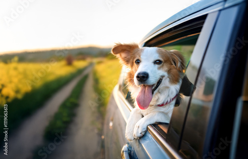 Excited dog, with his head sticking out of an open car window during a countryside drive. Happy, eager dog with his tongue hanging out.